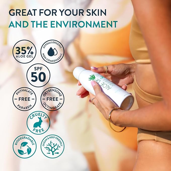 Aloe Up White Collection SPF 50 Sunscreen Spray Mist for Face & Body with Aloe Vera Gel, Water Resistant up to 80 Minutes, Reef Friendly, Non Greasy, Fast Absorbing, Coco Mango 5.5 oz