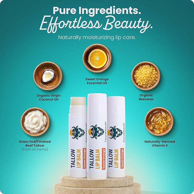 Moisturizing Tallow Lip Balm – Grass-Fed Beef Tallow with Organic Coconut Oil, Beeswax, and Vitamin E – Sweet Orange – Lip Balm Set – Travel Essential – 3-Pack