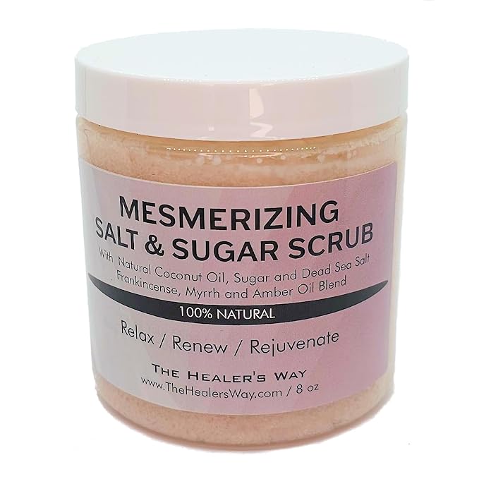 Moisturizing and Exfoliating Salt&Sugar Scrub, Intoxicating Scent of Frankencense and Myrrh, Natural Ingredients of Coconut Oil, Sugar and Dead Sea salt, (8oz, Mezmerizing Salt&Sugar Scrub)