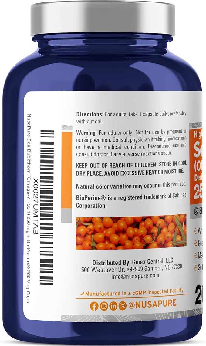 NusaPure Sea Buckthorn Omega-7, 250 mg, 200 Veg Capsules (Non-GMO, Vegan)