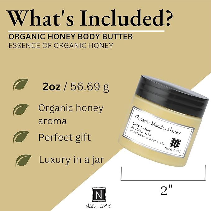 Nabila K Body Butter - Daily Moisturizer for Body Care - Skin Hydrating Deep Moisturizing - Natural Ingredients - Organic Honey - 2 oz
