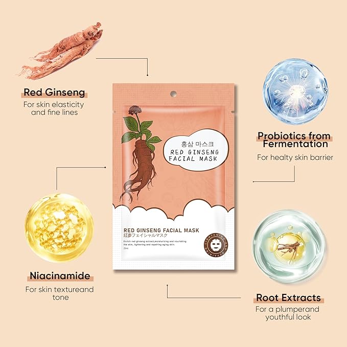 Hydrating Facial Masks Skincare for Women,Red Ginseng Face Mask Sheet Skincare, Moisturizing Face Mask for All Skin Types (10-Packs)