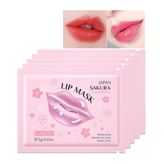 AKARY Sakura 5 Pieces Hydrating Lip Mask, Lip Sleep Mask Collagen Crystal Lip Care Gel Pads For Moisturizing, Minimize Fine Lines, Remove Dead Skin, Chapped Pads Lip Mask (5)