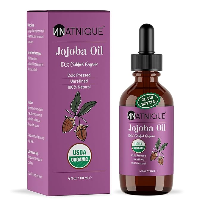 Natnique Organic Jojoba Oil – USDA Certified, Cold Pressed, Unrefined & Hexane-Free – Pure Moisturizer for Hair, Face, Skin, Beard, Scalp, Nails & Cuticles – Natural Care (4 Oz)