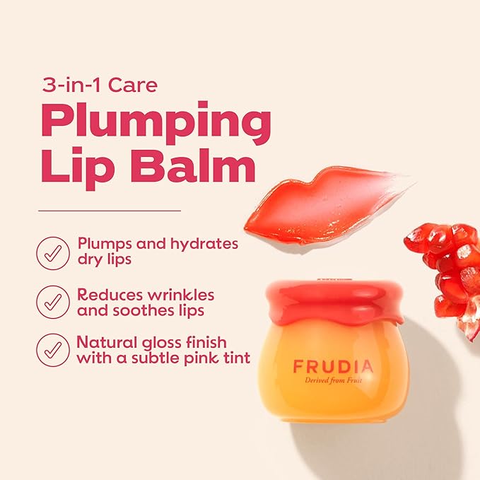 FRUDIA Pomegranate Honey Lip Balm, 3-in1 Lip Plumping, Hydrating, & Translucent Red Tinted Korean Lip Balm made with Pomegranate Extracts for Dry & Pale Lips
