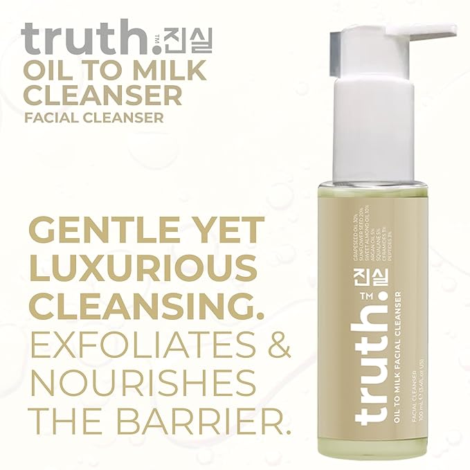 truth진실 Oil to Milk Cleanser 100ml Facial Cleanser GRAPESEED 30% + SUNFLOWER SEED 20% + ALMOND 10% + ARGAN 5% + SQUALANE 5% + CENTELLA ASIATICA 5% ADVANCED KOREAN CLEANSER