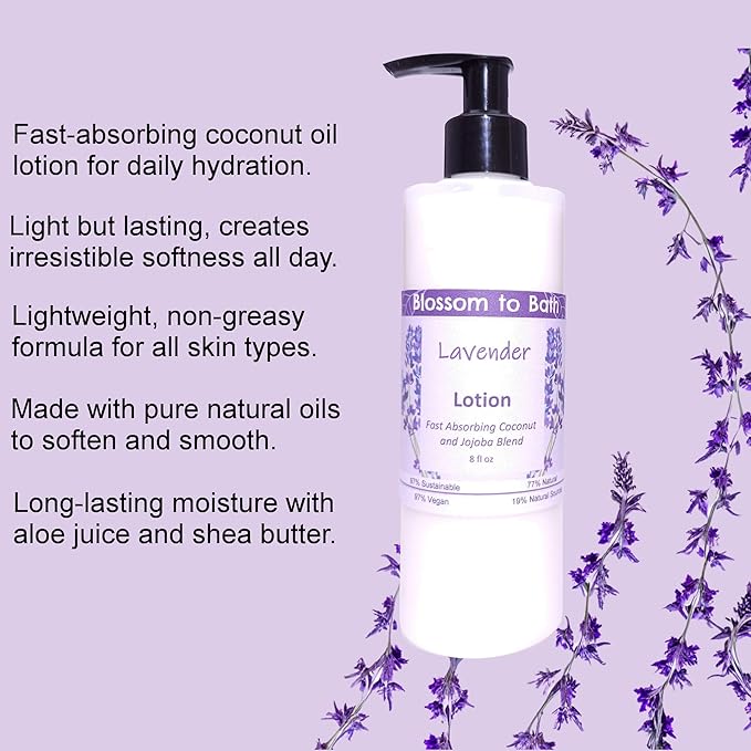 Blossom to Bath Lavender Lotion (8 Ounce) - Pure Essential Oil Fragrance - Absorbs Quickly with a Relaxing Comforting Scent