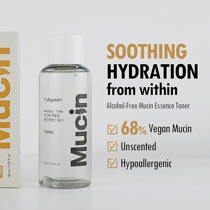 VEGREEN Vegan Mucin Essence Toner - 68% Wild Yam Extract & 3% Panthenol - Cruelty-Free Snail Mucin Alternative for Deep Glow & Micro-Exfoliating Hydration, Alcohol-Free Dry Spot Solution, 5.07fl oz
