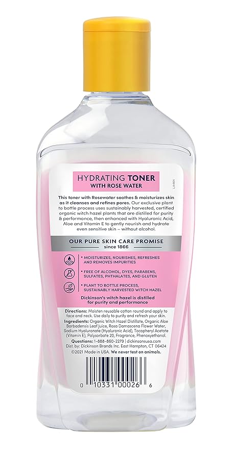 Dickinson's Enhanced Witch Hazel Hydrating Toner with Rosewater, Alcohol Free, 98% Natural Formula, 16 Fl Oz (Pack of 2)