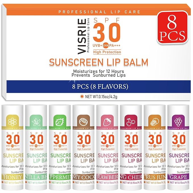 VISRIE SPF 30 Lip Balm with Sunscreen, 8 Pack - 8 Flavors, Hydrating Lip Balm with Vitamin E and Coconut Oil
