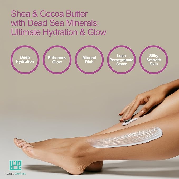 JUMAN Dead Sea Minerals Body Butter with Vitamin E | Made with Active Natural Ingredients | Nourishing Blend of Cocoa Butter | Pomegranate Scented Shea Butter | 7.1oz