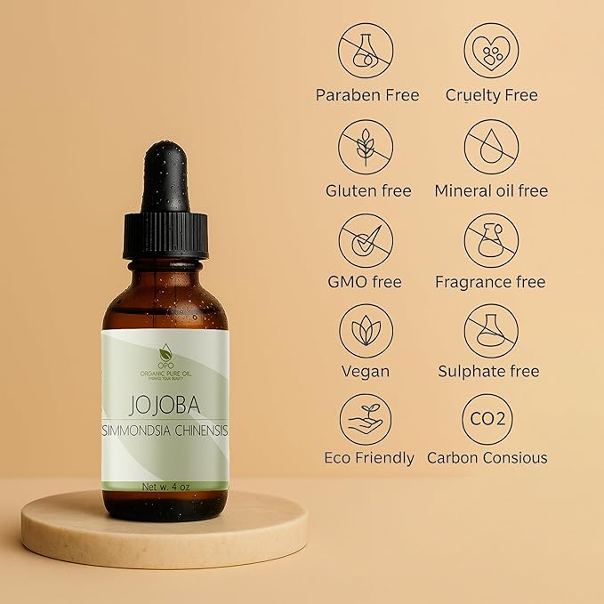 Jojoba Oil - Pure, Cold Pressed, Unrefined, Virgin Hydrating & Moisturizing Carrier Oil for Skin, Hair, Face, Facial Care, Body, Massage, Ear, Beard, Makeup Remover - 4 oz Glass & Dropper - OPO