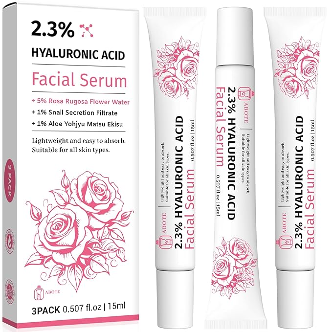 2.3% Hyaluronic Acid Serum for Face with 5% Rosa Flower Water Deep Moisturizing Anti-Wrinkle(3Pack-Each 15g)
