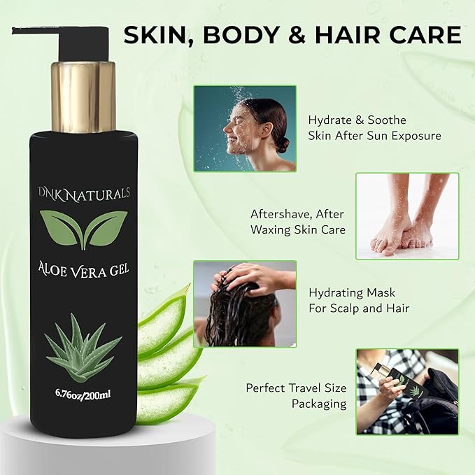 Aloe Vera Gel made with fresh 100% Pure Aloe - Sunburn Relief - Calms Irritated Skin - Hydrates - With Niacinamide - For Face, Body, and Hair - Vegan, No Fragrance - 200ml