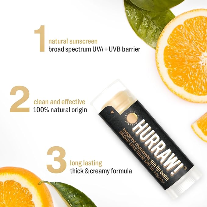Hurraw! Sun Lip Balm (Zinc Oxide Protection, Broad Spectrum SPF 15, Tangerine, Chamomile), 3 Pack: Organic, Certified Vegan, Gluten Free. Non-GMO, All-Natural. Bee, Shea, Soy & Palm Free. Made in USA