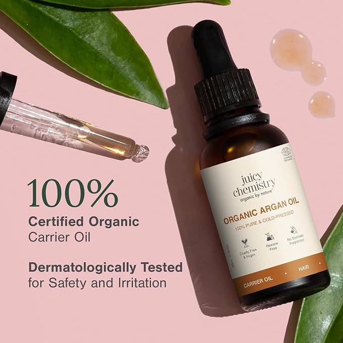 Juicy Chemistry Argan Oil, 30 ml | Pure, Cold-pressed & Organic Argan Oil for Moisturising Skin & Managing Dry, Frizzy Hair | Ecocert Certified Organic for Men & Women | Cruelty-free & 100% Vegan