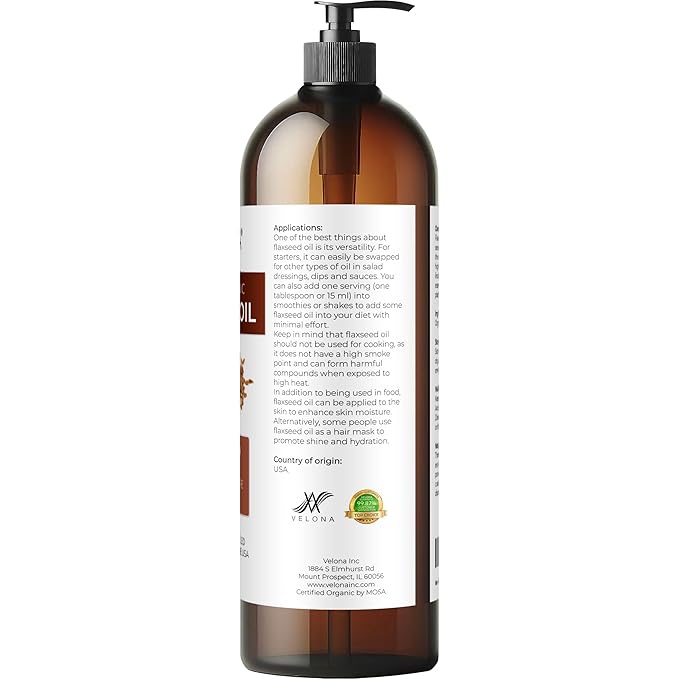 velona USDA Certified Organic Flaxseed Oil - 32 Fl Oz | 100% Pure and Natural Carrier Oil | Unrefined, Cold Pressed |Body, Face & Skin Care | Use Today - Enjoy Results…