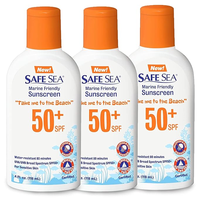 Safe Sea Jellyfish Sting-Blocking Sunscreen, SPF 50+ Lotion 4oz, Waterproof, Biodegradable, Coral Reef-Safe – Body and Face Sunscreen, Anti-Jellyfish and Sea-Lice sting protection. 4 FL Oz (Pack of 3)