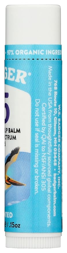 Badger Sunscreen Lip Balm SPF 15, Organic Mineral Sunscreen SPF Lip Balm with Zinc Oxide, Reef Friendly, Broad Spectrum, Water Resistant, Unscented, .15 oz