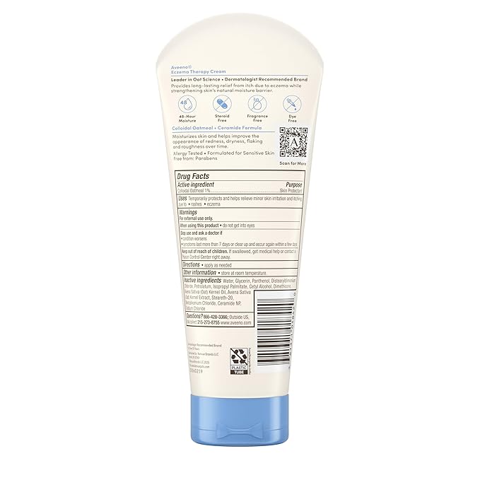 Aveeno Eczema Therapy Daily Moisturizing Body Cream for Itchy, Dry, Sensitive Skin, Soothing Eczema Relief Cream, Colloidal Oatmeal Skin Protectant, Dye-, Steroid- & Fragrance-Free, 7.3 oz