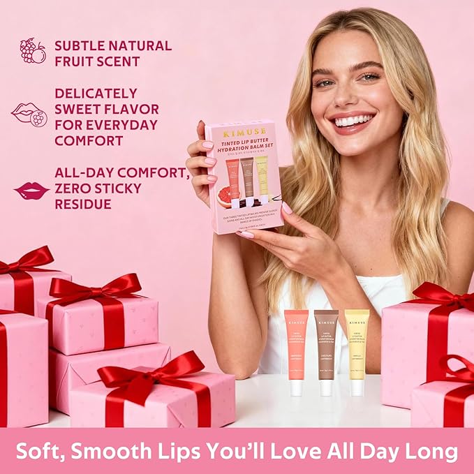 KIMUSE 3 Pack Tinted Lip Butter Hydration Balm, Hydrating Lip Treatment with Hyaluronic Acid & Vitamin E, Tinted Lip Balm for Instant Moisture, Shine & Hydration, Supple Lips, Vegan & Cruelty-Free