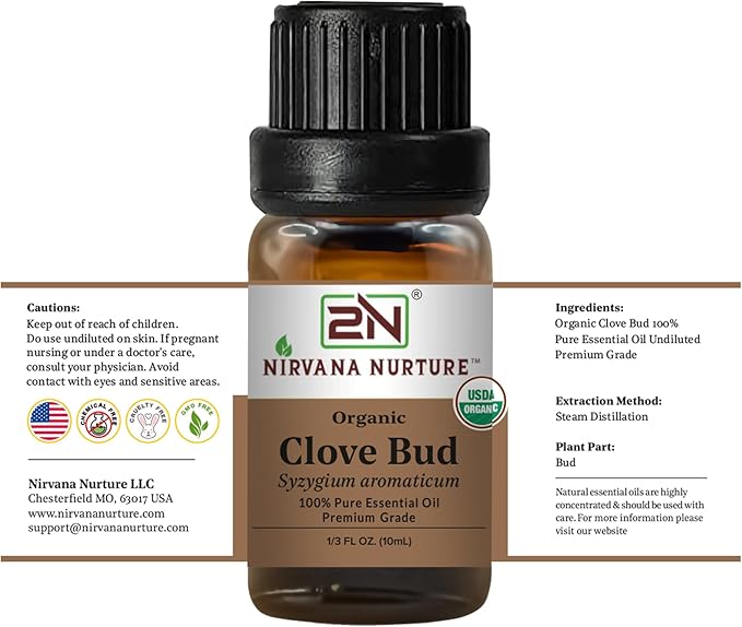 Clove Bud Essential Oil, USDA Certified Organic, 100% Pure Undiluted, Aromatherapy Oil for Diffuser, Hair & Skin Care