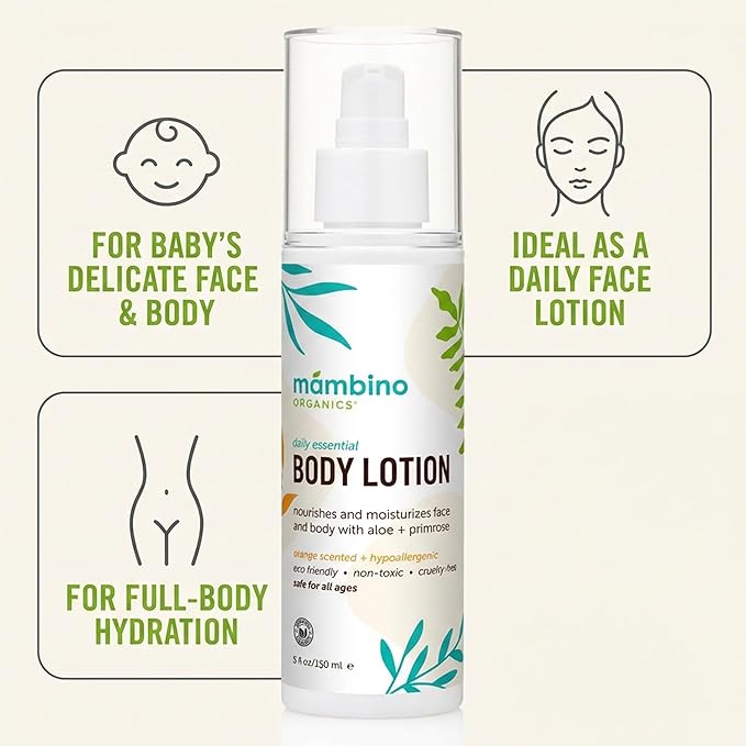 Mambino Organics Daily Essential Face & Body Lotion, Hydrating Body Lotion with Coconut, Aloe & Tamanu Oil, Lightweight Moisturizer for Dry Skin, Vegan, Cruelty-Free Skin Care, 5 fl oz
