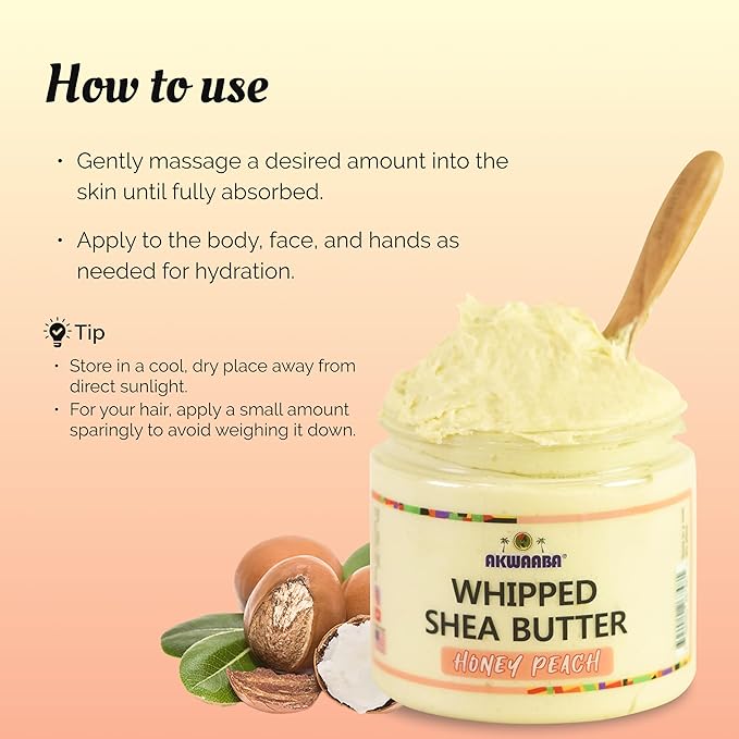 AKWAABA Whipped Shea Butter (Honey Peach) – Nourishes & Moisturizes | Made with Shea Butter | No Dyes & Parabens | 12 oz / 340 g