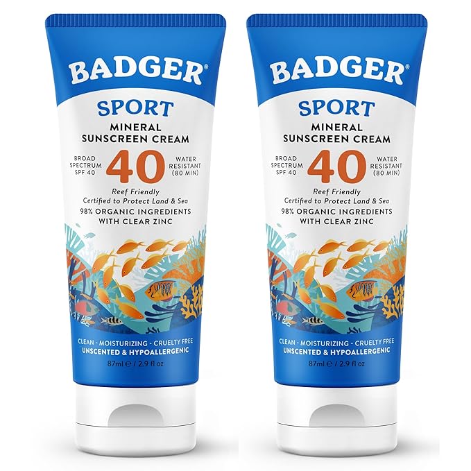 Badger Sport Mineral Sunscreen, Reef Safe, SPF 40, 98% Organic with Zinc Oxide, Water Resistant, Hawaii Reef Act 104 Compliant, Unscented & Hypoallergenic, For Sports & Adventures, 2.9 fl oz, 2-Pack