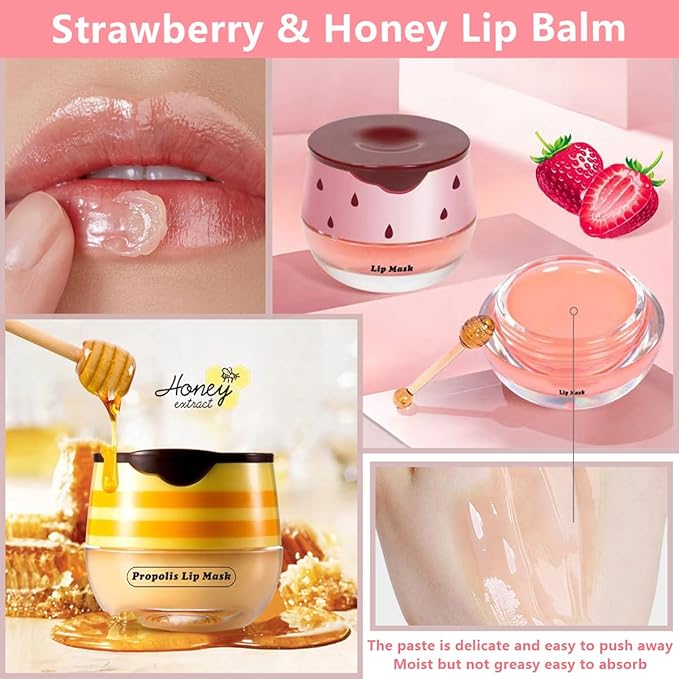Strawberry & Honey Lip Balm, Vitamin E Lip Masks & Moisturizing/Hydrating Propolis Lip Sleeping Mask With Brush, Nourish And Repair Lip Skin Winter Lip Care Products (Honey & Strawberry)