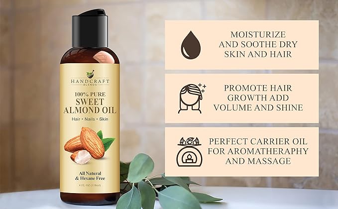 Handcraft Blends Sweet Almond Oil - 4 Fl Oz - 100% Pure and Natural - Premium Grade Carrier Oil for Skin and Hair - Hair and Body - Massage - Hexane-Free