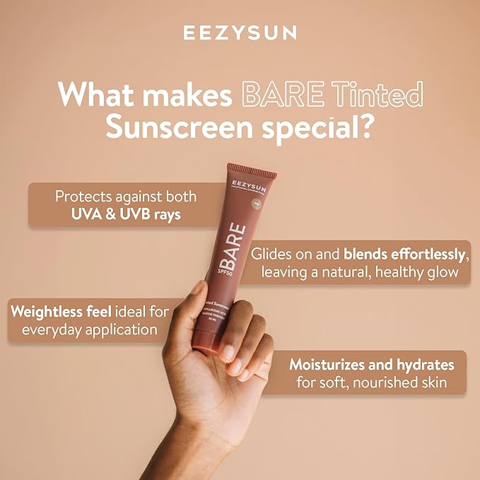 EEZYSUN BARE Tinted Sunscreen for Face SPF 50 - Non-Greasy, Weightless, Water-Resistant, Vegan & Reef-Safe Tinted Moisturizer with SPF, Hyaluronic Acid, Jojoba Oil - All Skin Types, 1.69 fl oz - Deep