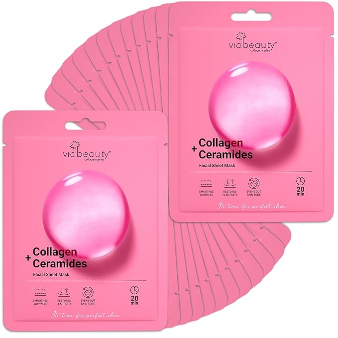 VIABEAUTY 24 Pack of Collagen Face Mask with Ceramides - Rejuvenating Facial Sheet Mask, Fine Lines & Reduce Wrinkles - Face Masks Skincare Moisturizing Collagen Mask for All Skin Types