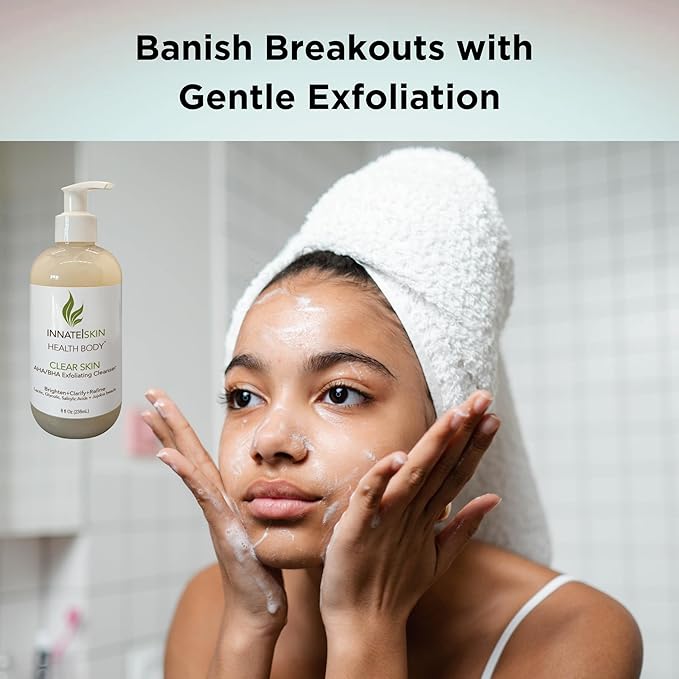 Clear Skin AHA BHA Exfoliating Cleanser Glycolic & Salicylic Acid Cleanser, Jojoba Beads - 8oz Pump