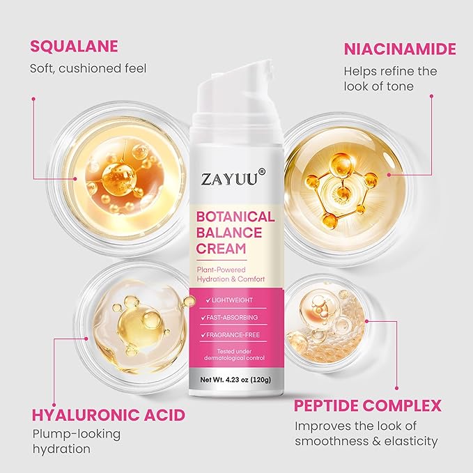 Mature Skin Botanical Balance Cream: Fragrance-Free Hydrating Face Moisturizer with Squalane, Niacinamide, Hyaluronic Acid & Peptide Complex — Lightweight, Fast-Absorbing, Non-Greasy — 4.23 oz