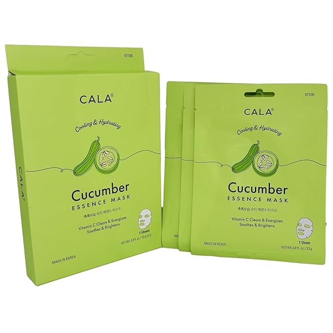 Cala Cucumber Essence Facial Sheet Masks, 5 Pack - Ultra-Thin Hydrating Face Mask Sheets with Cucumber + Watermelon Extract, Sodium Hyaluronate, No Rinse, For Dry/Dull Skin