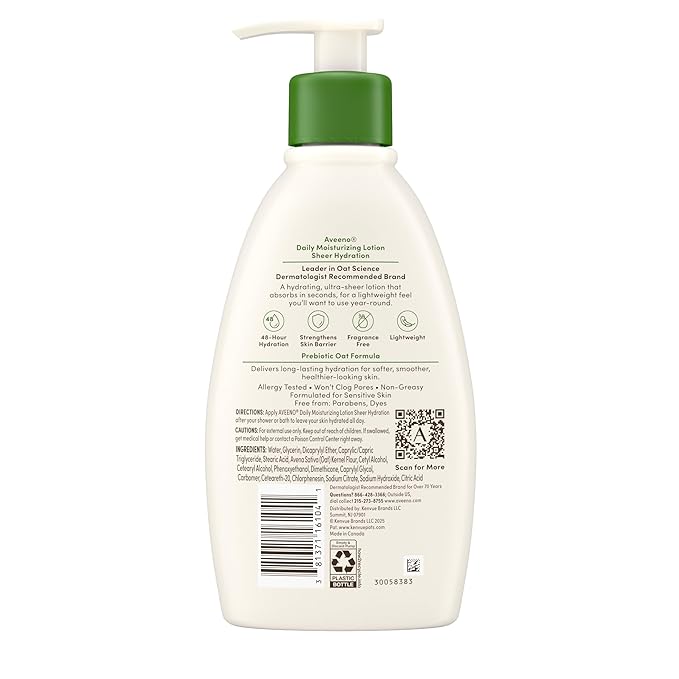 Aveeno Sheer Hydration Fragrance-Free Daily Moisturizing Lotion with Prebiotic Oat for Dry Skin, Lightweight, Fast-Absorbing Body Moisturizer Nourishes Skin with 48-hour Moisture, 12 fl. oz