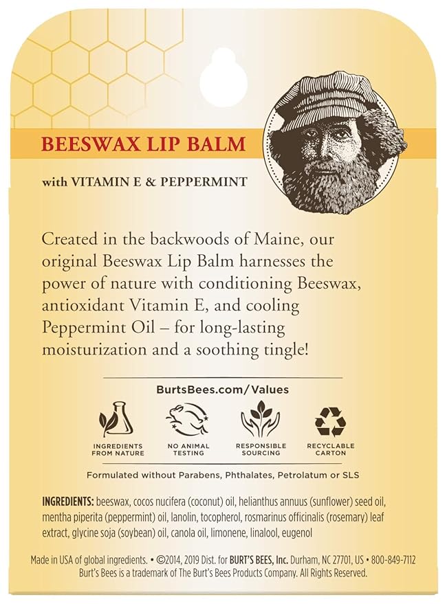 Burt's Bees Lip Balm Stocking Stuffers, Moisturizing Lip Care Holiday Gift, 100% Natural, Original Beeswax with Vitamin E & Peppermint Oil (4 Pack)