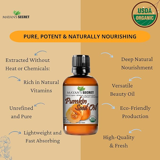 Pumpkin Seed Oil USDA Certified Organic Cold Pressed Virgin, Natural Moisturizer for Dry Hair Rough Skin, and Nails