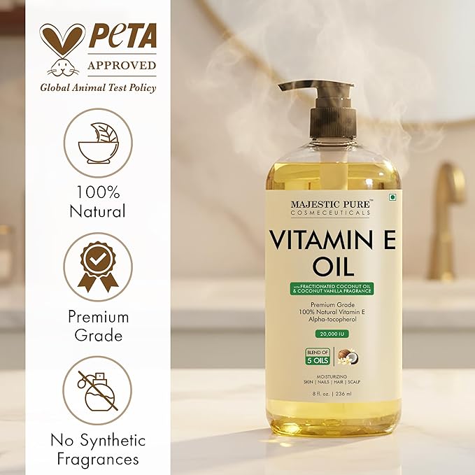 Majestic Pure Coconut & Vanilla Formula Vitamin E Body Oil 8 Fl Oz - 100% Pure and Natural- Cold Pressed & Hexane Free Natural Hair Growth Oil for Eyelashes, Eyebrows, Skin, Body, Face, Nails & Scalp