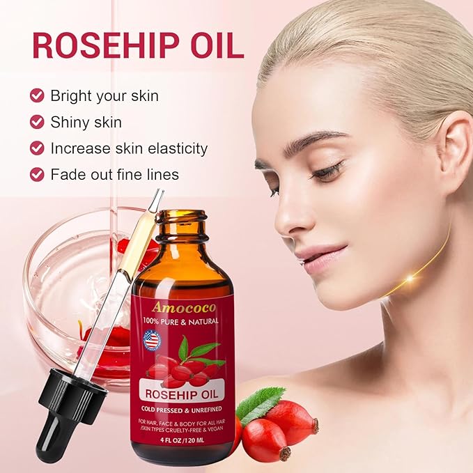 Organic Cold Pressed Rosehip Oil for Face, Natural Rose Hip Seed Oil, Nutrient Rich Facial Serum for Skin Care, Moisturize Dry Skin, 1 Fl Oz (30mL)