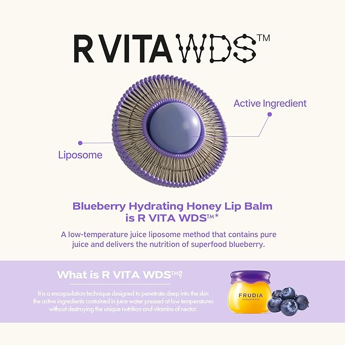 FRUDIA Blueberry Honey Lip Balm Tube, Exfoliating & Moisturizing Dewy Korean Lip Balm for Dry Lips made with Jeju Blueberry & Honey Extracts for Soft, Plump Lips (0.33 fl oz)