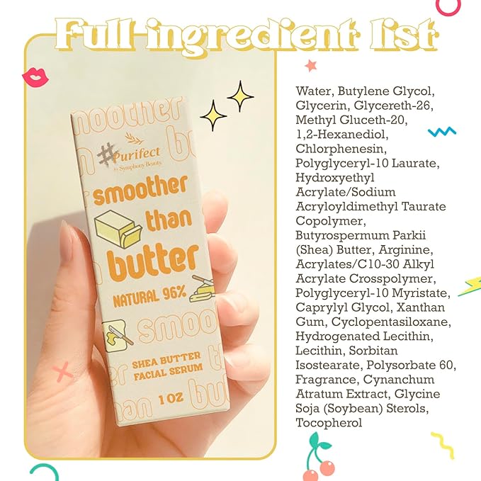 Purifect Shea Butter Moisturizing Facial Serum - Moisturizes Dry Skin with Vitamin E Oil, Protects the Skin Barrier, Nourishes & Soothes, Promotes Radiant Complexion, Vegan Skincare - 1 fl oz