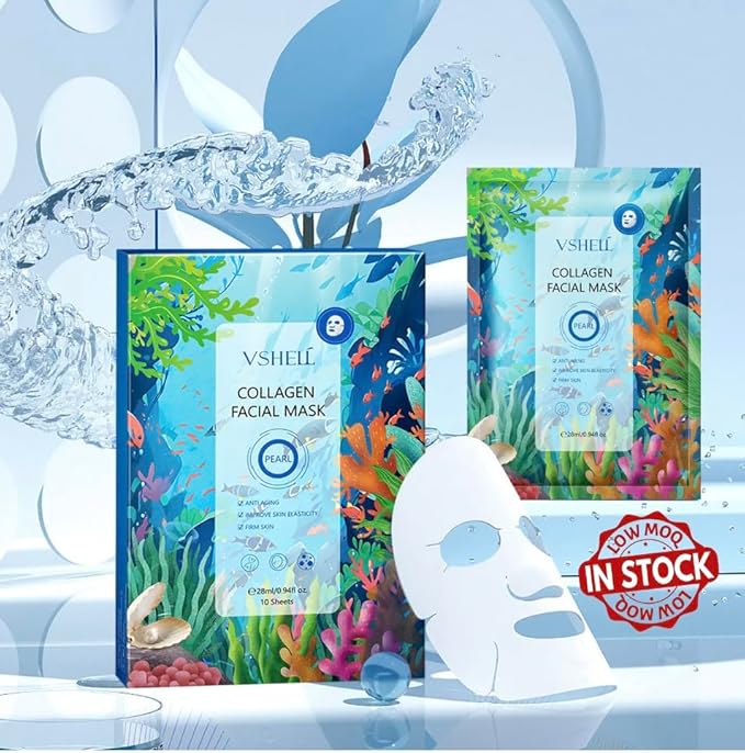 Collagen Sheet Face Mask (10 Pack), Hydrating & Firming Facial Masks with Hyaluronic Acid + Witch Hazel, For Dry, Sensitive, Mature Skin, Women & Men