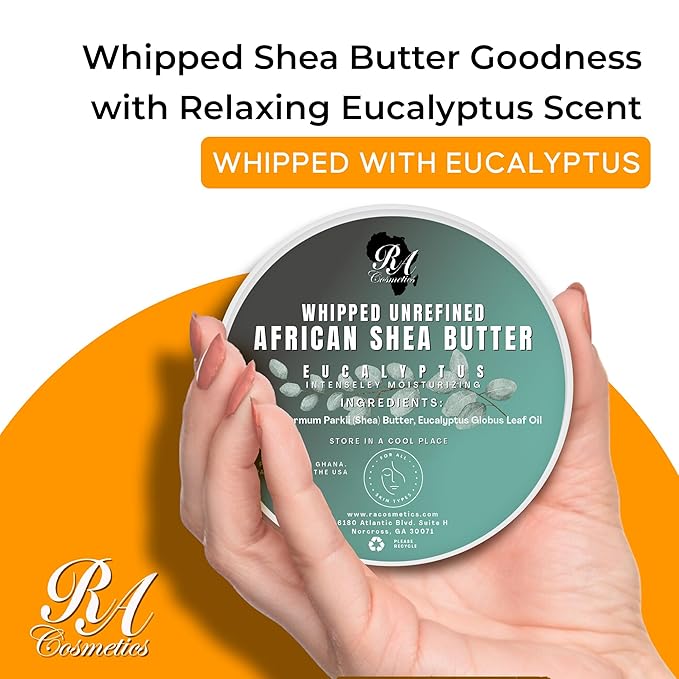 RA COSMETICS Whipped Shea Butter with Eucalyptus Oil – 100% Unrefined Shea Body Butter from Ghana – Moisturizes Skin, Nourishes & Conditions Hair – Softens and Smooths Lips, Hands & Feet – 12oz