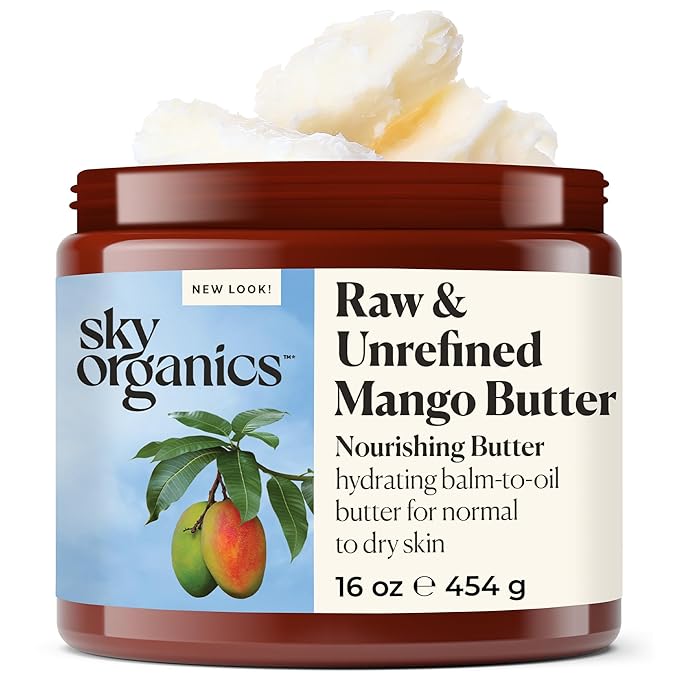 Sky Organics Mango Butter for Body & Face, 100% Raw and Unrefined Nourishing Butter for Light, Daily Hydration and Promotes Soft, Smooth, Heathy-Looking Skin, Suitable for Normal to Dry Skin, 16 Oz