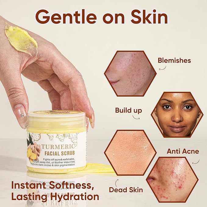 Facial Scrub, Exfoliating Turmeric Scrub and Skin Exfoliator, Deep Cleansing Face Wash Cleanser for Women, Glow Skin Face Scrub for Moisturizing, Nourishes, Dark Spots