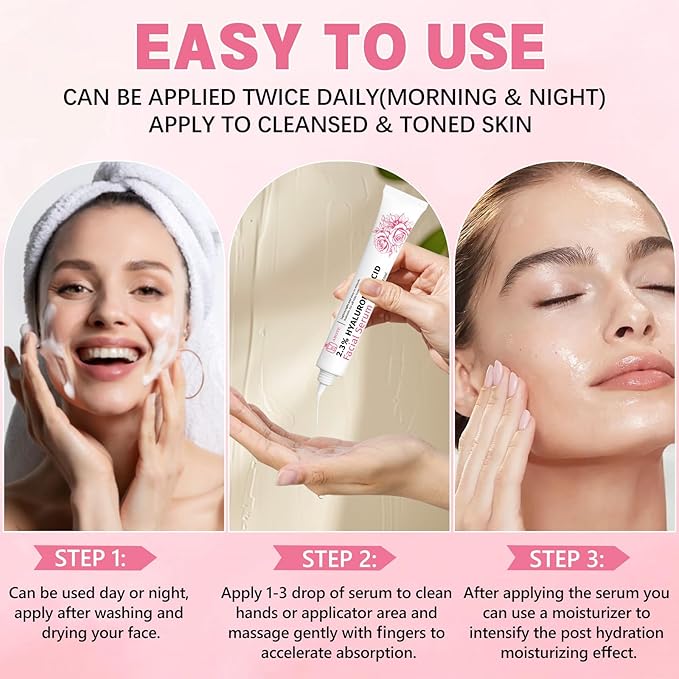 2.3% Hyaluronic Acid Serum for Face with 5% Rosa Flower Water Deep Moisturizing Anti-Wrinkle(3Pack-Each 15g)