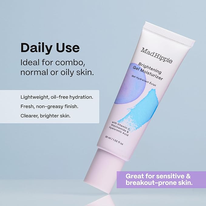 Mad Hippie Facial Moisturizer, Brightening Gel with Vitamin C, Niacinamide & Hyaluronic Acid – Oil-Free Moisturizer for Oily Skin, Acne-Prone Skin Care, 1.02 Fl Oz