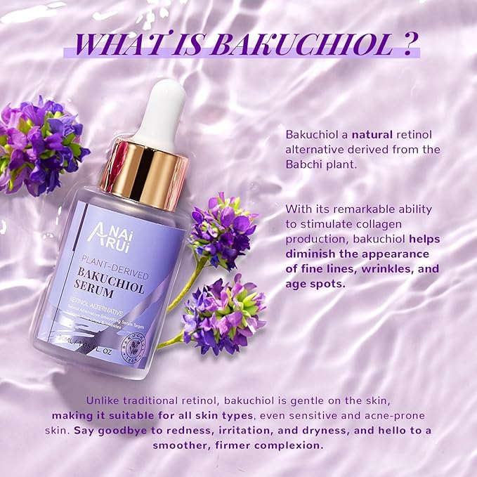 ANAI RUI Bakuchiol Face Serum for Face, Bakuchiol Retinol Alternative Serum,Smoothing Serum with Hyaluronic Acid & Peptide Sensitive Skin Serum, Anti Aging & Wrinkle Serum, 1Fl.Oz